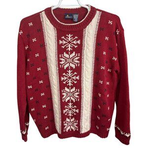 Lizsport Large Knit Sweater Snowflake Nordic Winter Red White Cotton Vintage